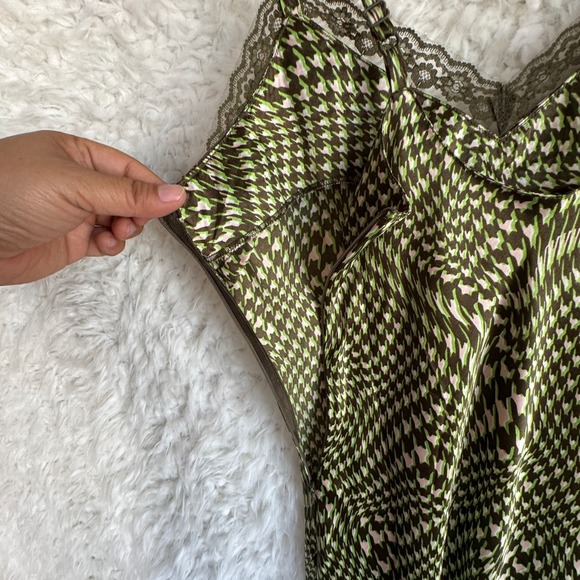Daisy Street Wavy Print Satin Midi Houndstooth Lace‎ Trim Slip Dress Green SMALL - Picture 7 of 8